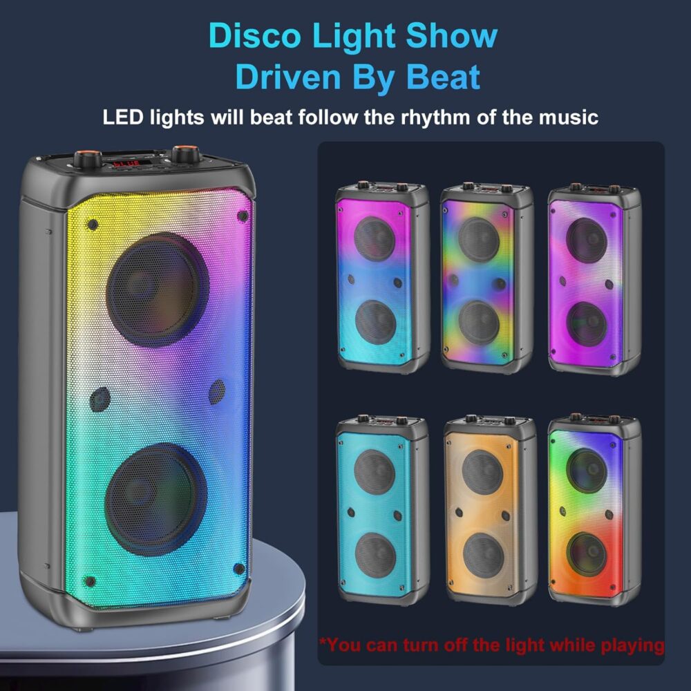 Bluetooth Speaker, 80W Peak Wireless TWS Portable Outdoor Party Speakers with Subwoofer, Deep Bass, LED Colorful Lights, Loud Stereo Sound Boombox with Radio for Home, Camping, Travel - Image 5