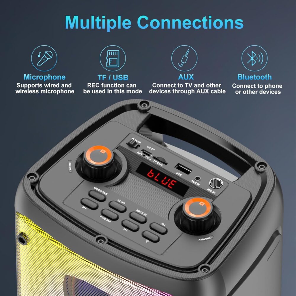 Bluetooth Speaker, 80W Peak Wireless TWS Portable Outdoor Party Speakers with Subwoofer, Deep Bass, LED Colorful Lights, Loud Stereo Sound Boombox with Radio for Home, Camping, Travel - Image 8
