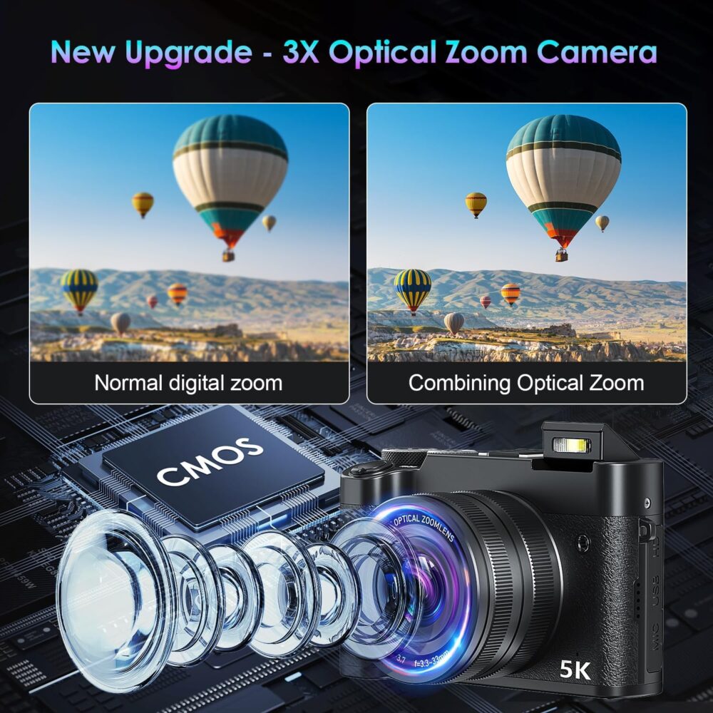 5K 64MP Digital Camera, WiFi Cameras for Photography & Video, 3X Optical Zoom Autofocus Travel Vlogging Camera for YouTube, 64GB Card, 2 Batteries - Image 3