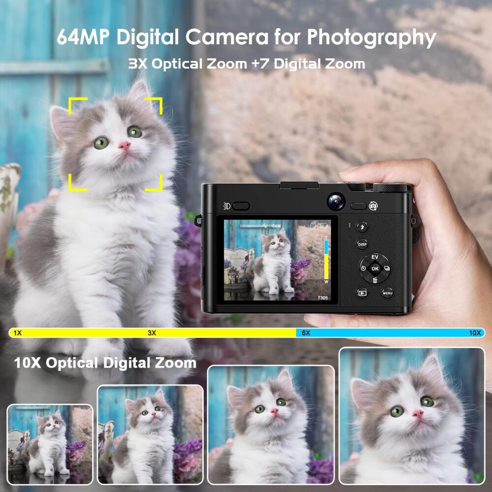5K 64MP Digital Camera, WiFi Cameras for Photography & Video, 3X Optical Zoom Autofocus Travel Vlogging Camera for YouTube, 64GB Card, 2 Batteries - Image 5