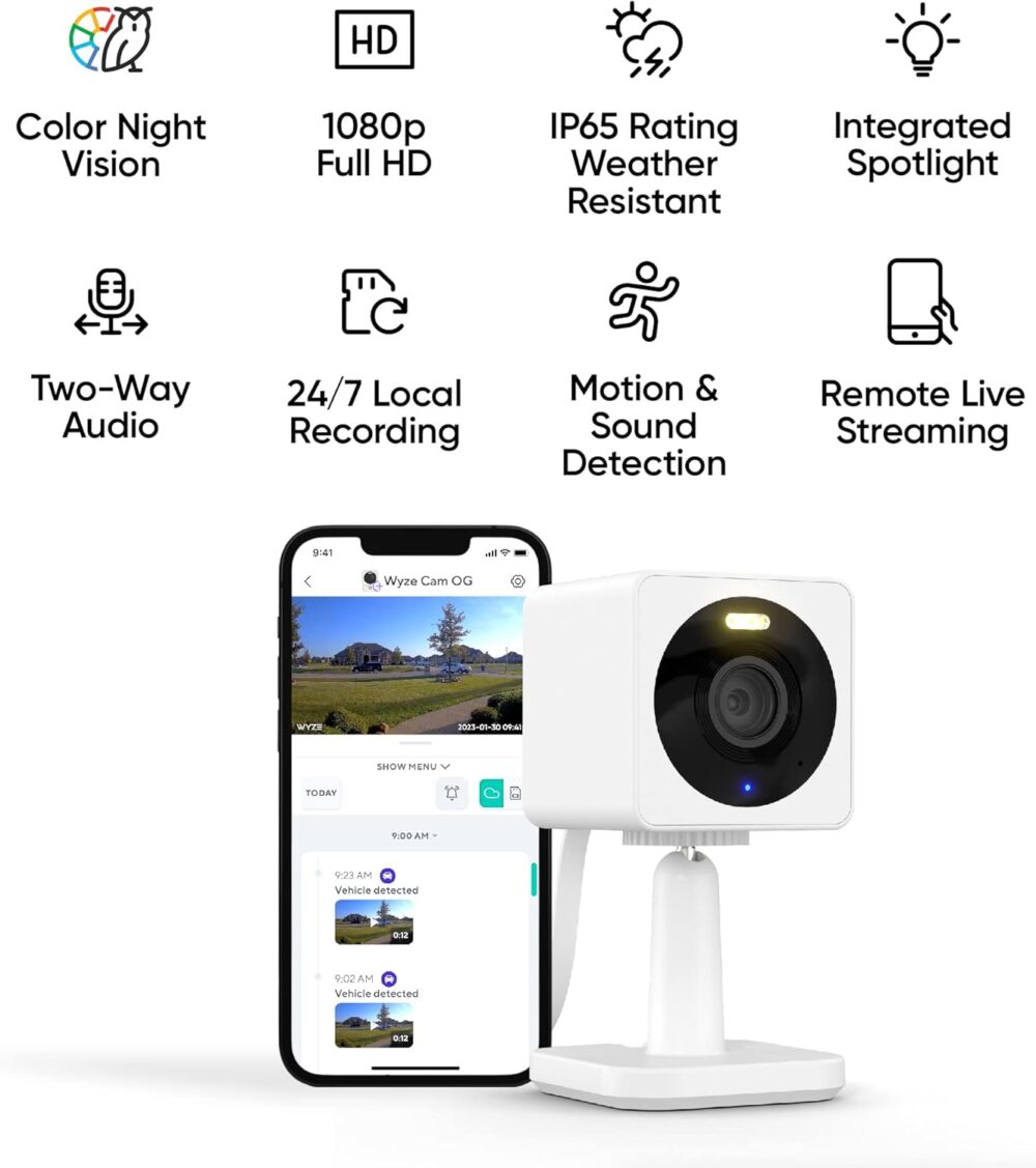 WYZE Cam OG Indoor/Outdoor 1080p WI-Fi Smart Home Security Camera with Color Night Vision, Built-in Spotlight, Motion Detection, 2-Way Audio, Compatible with Alexa & Google Assistant, White (2-Pack) - Image 3