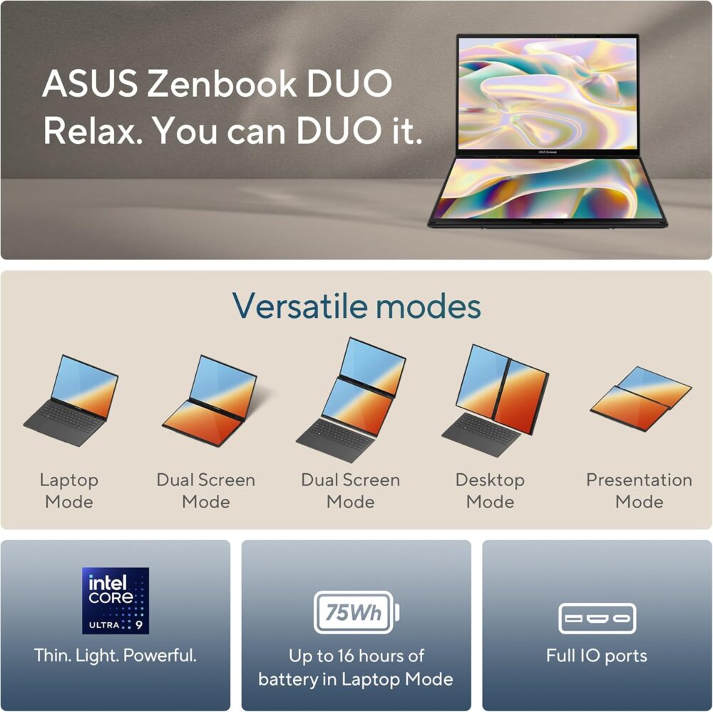ASUS Zenbook DUO Laptop, Dual 14” OLED 3K 120Hz Touch Display, Evo, Intel Core Ultra 9 285H, Intel Arc Graphics, 32GB RAM, 1TB SSD, Windows 11, UX8406CA-PS99T - Image 3