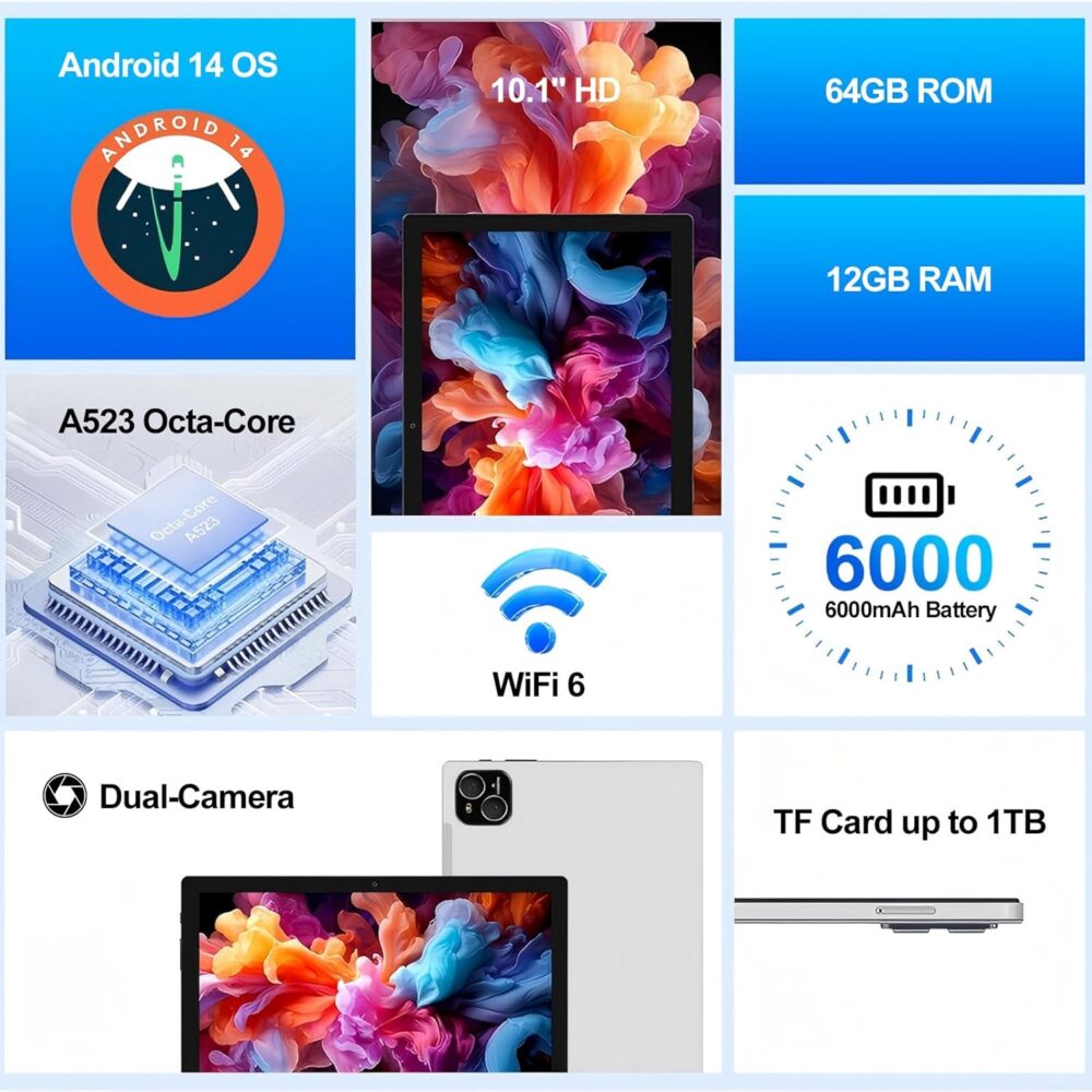 Tablet 10 inch Android 14 Tablet with Octa Core Processor 12GB RAM 128GB ROM 1TB Expandable 1280x800 IPS Touchscreen, 6000mAh Battery, WiFi 6, BT 5.4, Dual Camera (Sliver) - Image 3