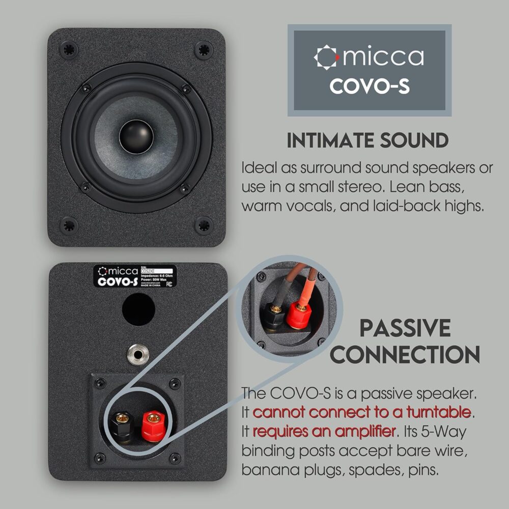 Micca COVO-S 2-Way Passive Bookshelf Speakers, Amplifier Required, Not for Turntable, 3-Inch Woofer, 0.75-Inch Tweeter, Wall Mountable, Pair, Black - Image 3