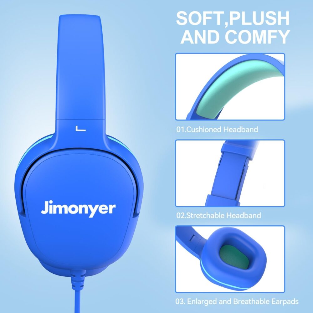 Kids Headphones for School, 3.5mm Jack Wired Headphones for Kids with Safe Volume Limiter, HD Stereo Sound On-Ear Girls Boys Toddler Headphone for Tablet, iPad, Kindle(Blue) - Image 4