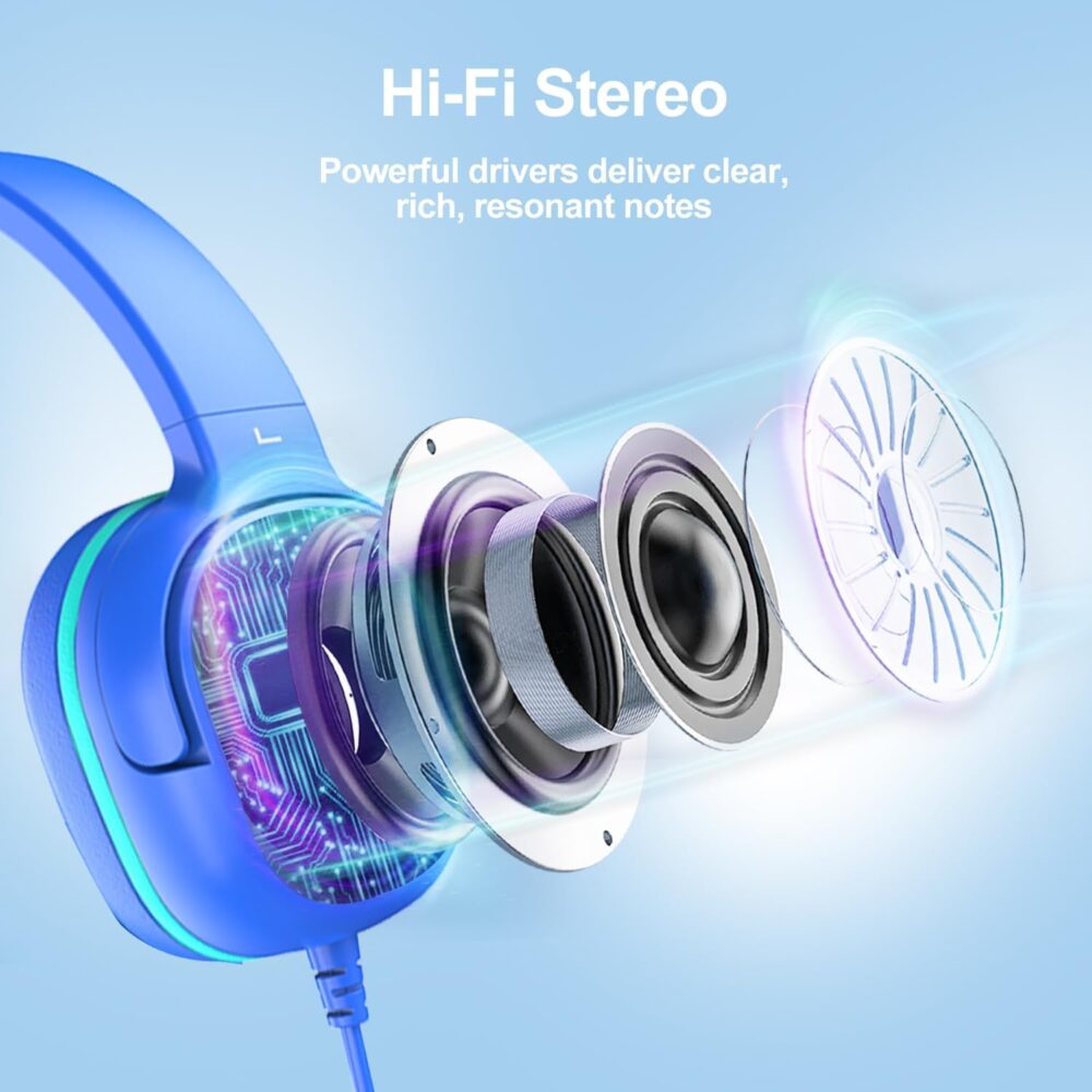 Kids Headphones for School, 3.5mm Jack Wired Headphones for Kids with Safe Volume Limiter, HD Stereo Sound On-Ear Girls Boys Toddler Headphone for Tablet, iPad, Kindle(Blue) - Image 5
