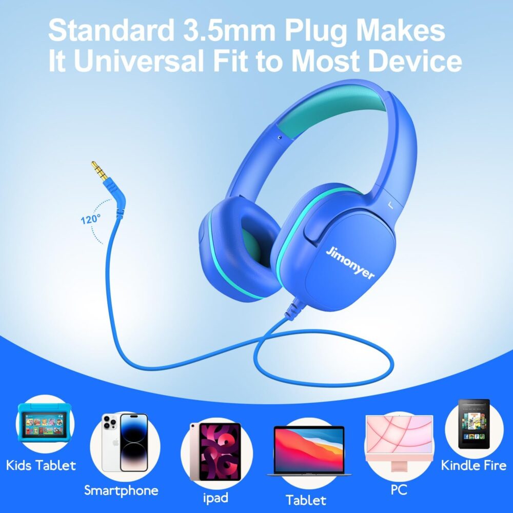 Kids Headphones for School, 3.5mm Jack Wired Headphones for Kids with Safe Volume Limiter, HD Stereo Sound On-Ear Girls Boys Toddler Headphone for Tablet, iPad, Kindle(Blue) - Image 7