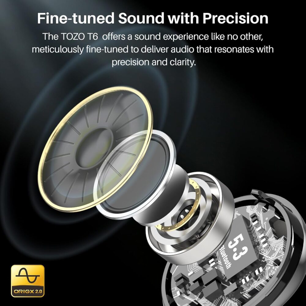 TOZO T6 Wireless Earbuds, Bluetooth 5.3 Ear Buds, Stereo Sound in Ear Headphones, 50 Hours Playtime, Wireless Charging Case, APP Customizable EQs, IPX8 Waterproof Earphones - Image 3