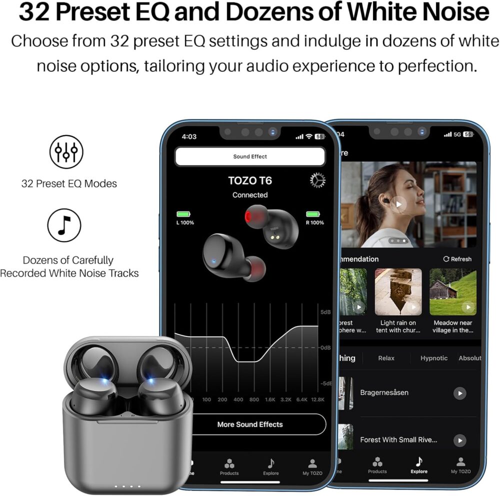 TOZO T6 Wireless Earbuds, Bluetooth 5.3 Ear Buds, Stereo Sound in Ear Headphones, 50 Hours Playtime, Wireless Charging Case, APP Customizable EQs, IPX8 Waterproof Earphones - Image 4