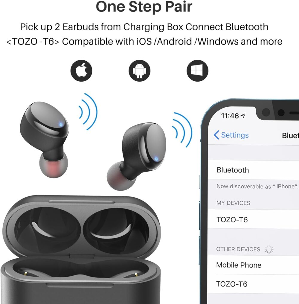 TOZO T6 Wireless Earbuds, Bluetooth 5.3 Ear Buds, Stereo Sound in Ear Headphones, 50 Hours Playtime, Wireless Charging Case, APP Customizable EQs, IPX8 Waterproof Earphones - Image 7