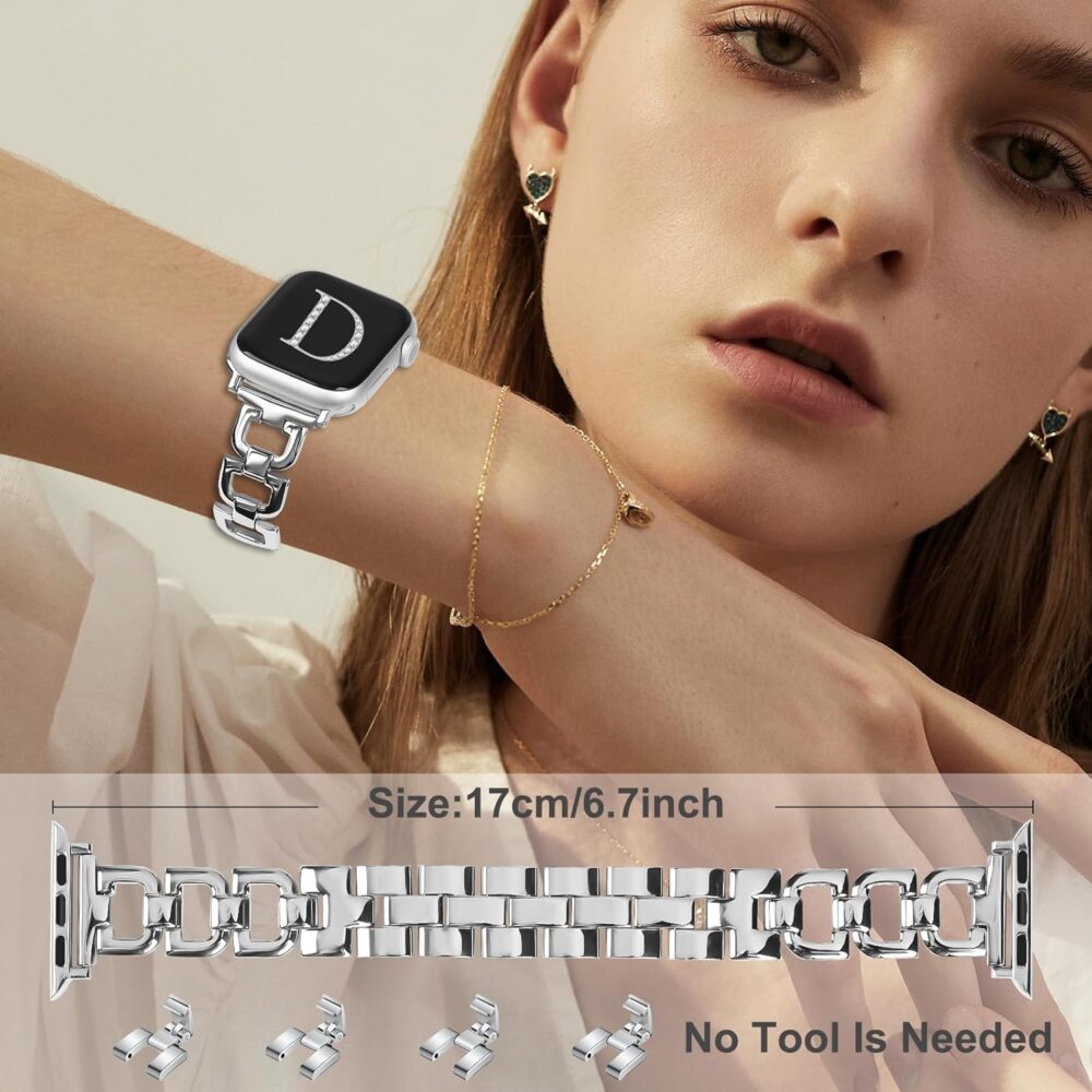 OULUCCI Stainless Steel Band Compatible with Apple Watch Band 38mm 40mm 41mm 42mm 44mm 45mm 46mm 49mm, Women Strap For Iwatch Series 10 9 8 7 6 5 4 3 2 1 SE SE2,D-Shape Sport Strap (Silver) - Image 3