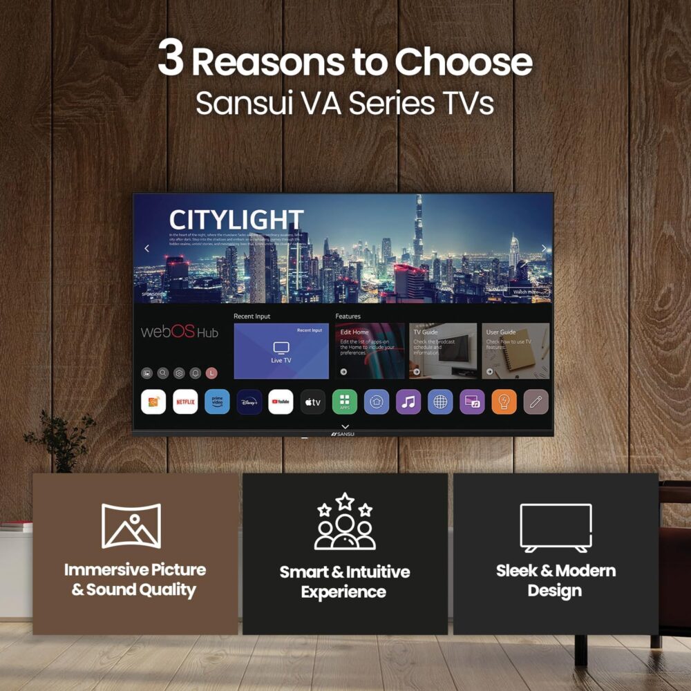 SANSUI 32" inch LED Smart TV FHD 1080P | Frameless Screen with HDR 10 Dolby Vision & Dolby Atmos Sound | WebOS Hub with Google Play & Apple HomeKit & Live TV | Support Airplay & WiFi & Bluetooth 5.0 - Image 3