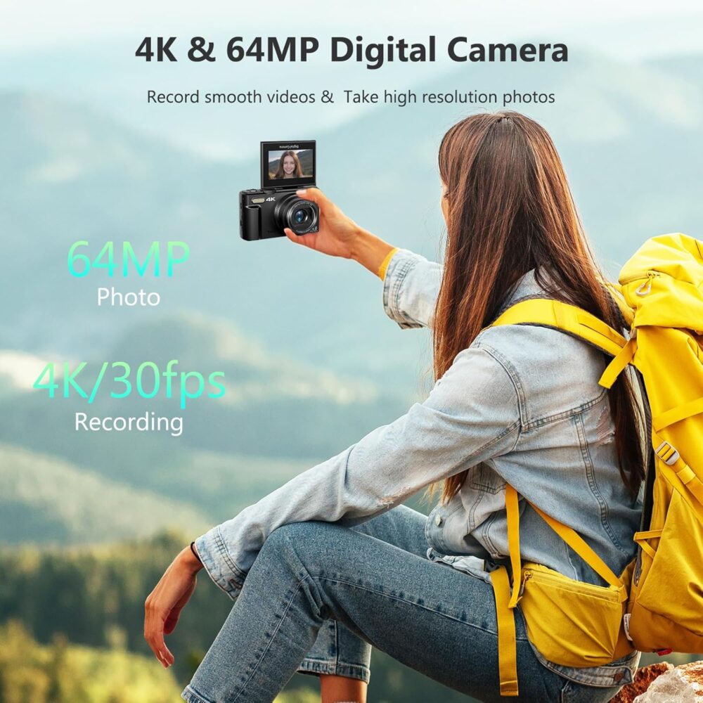 4K Digital Camera for Photography, 64MP Vlogging Camera for YouTube with 3" 180° Flip Screen, 18X Digital Zoom Point and Shoot Camara with 32GB Micro SD Card for Beginner (Black) - Image 3
