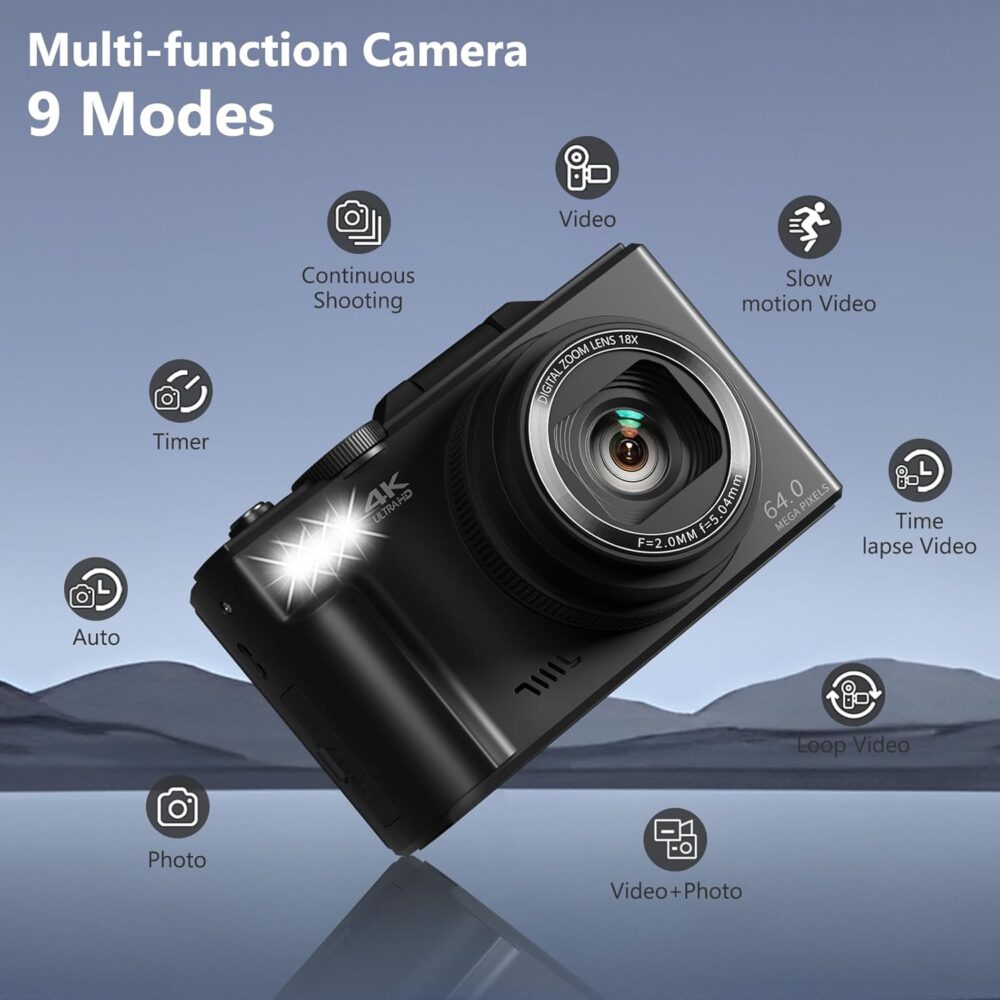 4K Digital Camera for Photography, 64MP Vlogging Camera for YouTube with 3" 180° Flip Screen, 18X Digital Zoom Point and Shoot Camara with 32GB Micro SD Card for Beginner (Black) - Image 6