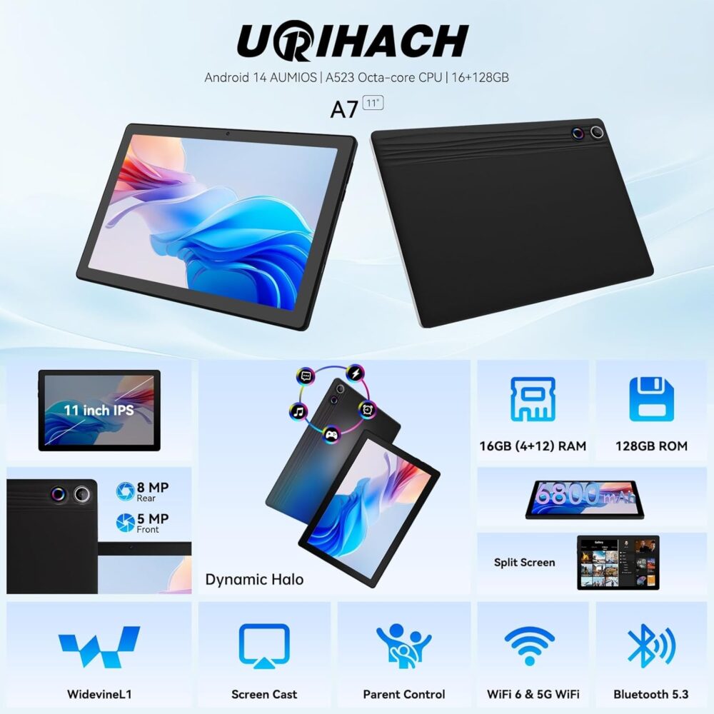 Tablet, 10.95" Android Tablet, 16GB RAM 128GB ROM 1TB Expansion, Octa-Core, Android 14, 1280x800 FHD Touch Screen, Widevine L1, Dual Camera, WiFi6, BT5.3, 6800mAh Battery - Image 3