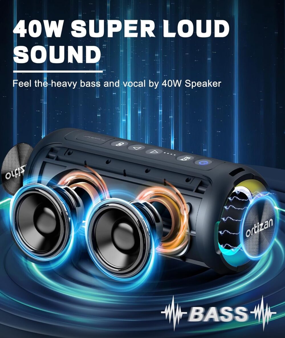 Ortizan Bluetooth Speakers, Portable Wireless Stereo Speaker - IPX7 Waterproof, 40W Loud Sound, Dual Pairing, Deep Bass, LED Light, Bluetooth 5.3, for Home/Shower/Outdoor/Beach, Gifts for Adult, Navy - Image 3