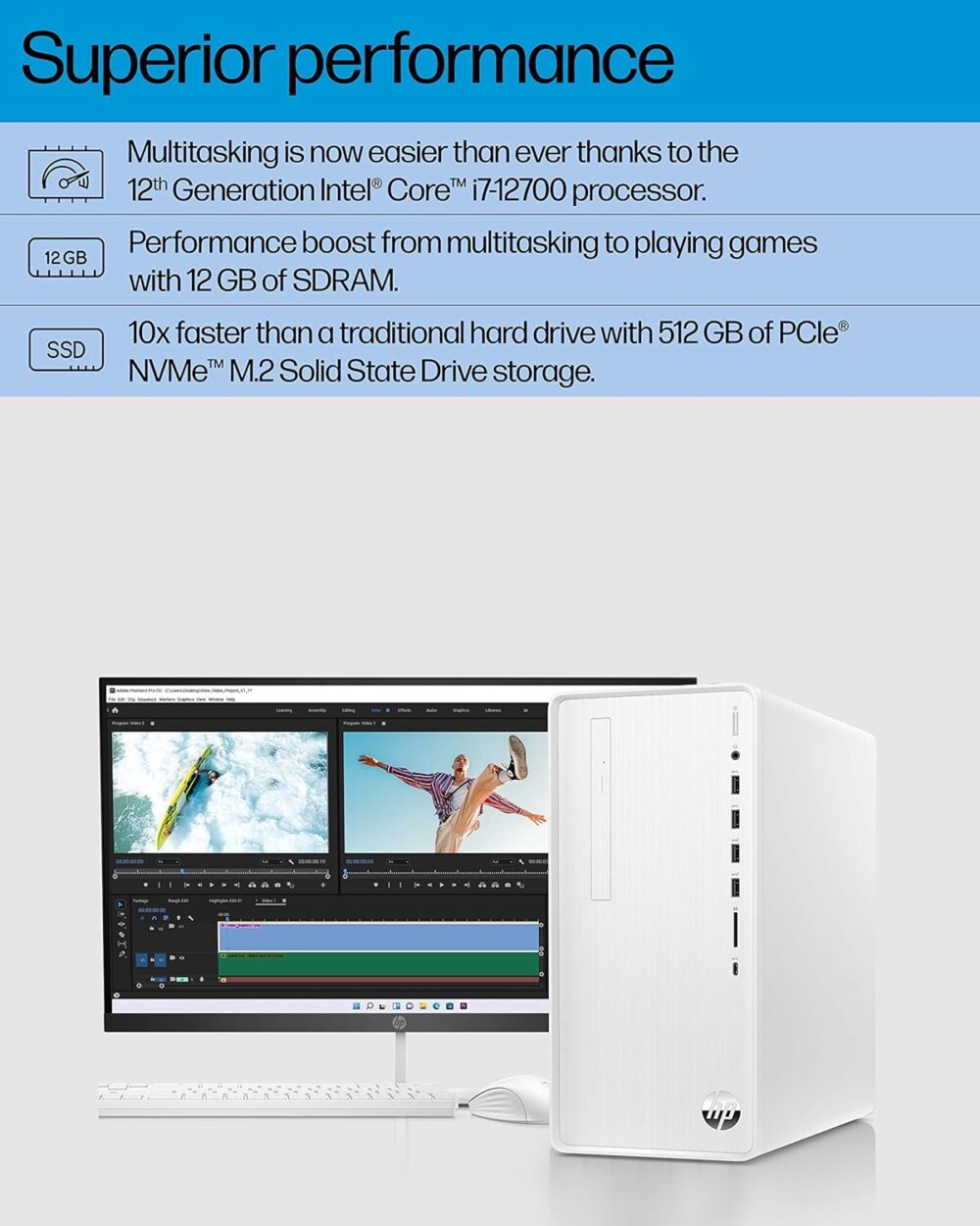HP Pavilion Desktop PC, 12th Gen Intel Core i7-12700, 12 GB SDRAM, 512 GB SSD, Windows 11 Home, Wi-Fi 6 & Bluetooth, 9 USB Ports, Wired Keyboard & Mouse Combo, Pre-Built PC Tower (TP01-3070, 2022) - Image 4