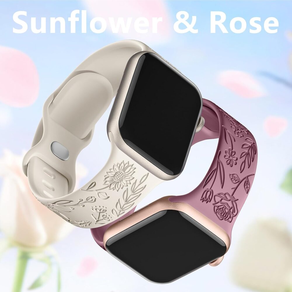 SNBLK 6 Pack Floral Engraved Bands Compatible with Apple Watch Bands for Women & Men, Soft Silicone Cute Flower Pattern Sport Strap for iWatch Series 1-10, Ultra, SE - Image 5