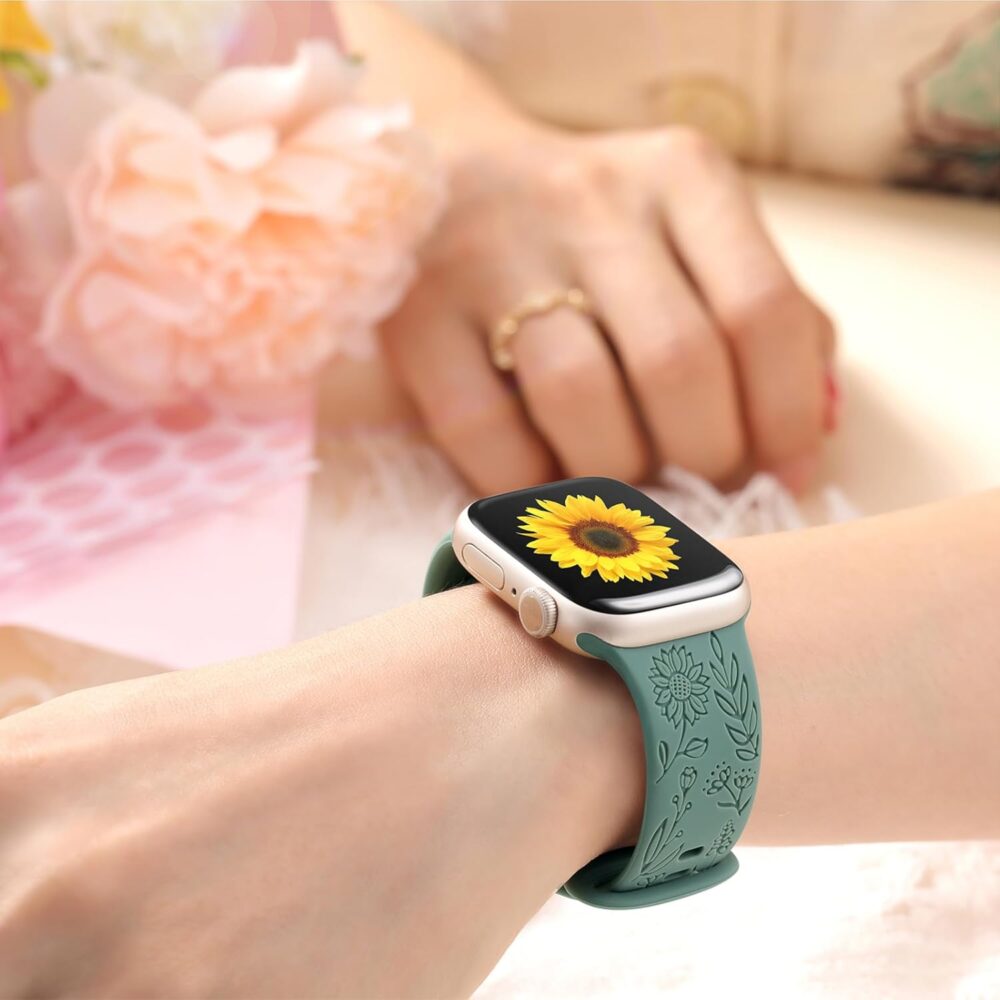 SNBLK 6 Pack Floral Engraved Bands Compatible with Apple Watch Bands for Women & Men, Soft Silicone Cute Flower Pattern Sport Strap for iWatch Series 1-10, Ultra, SE - Image 7
