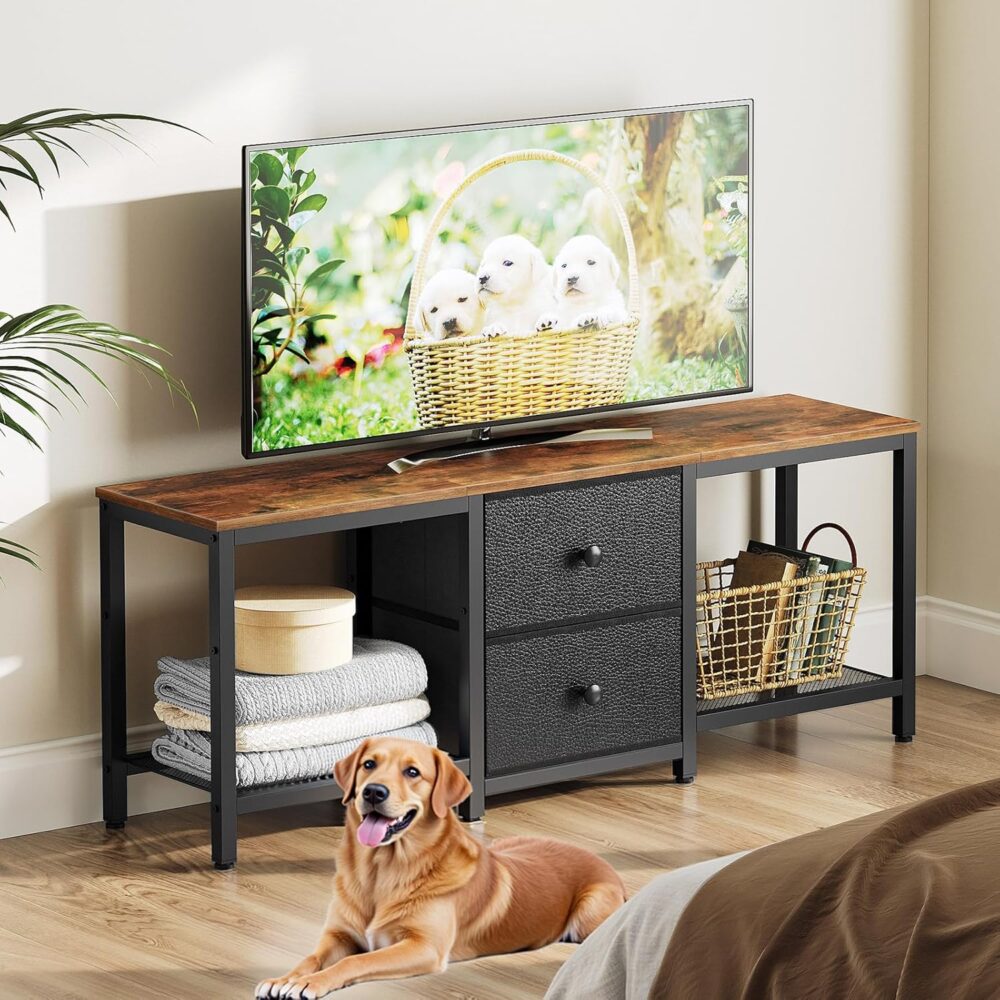 TV Stand for TVs up to 55", Entertainment Center with 2 Fabric Drawer, Media Console with Shelves, Television Stands for Living Room, Bedroom, Rustic Brown and Black DS02BR - Image 3