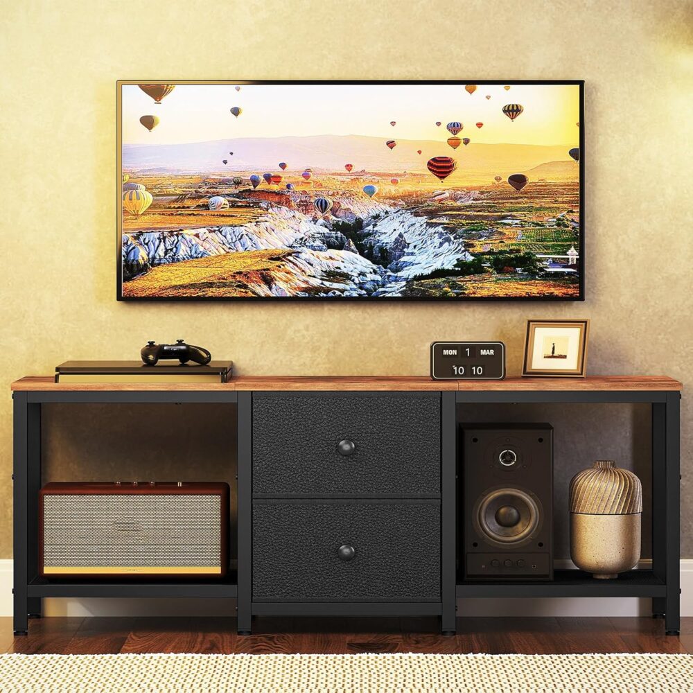 TV Stand for TVs up to 55", Entertainment Center with 2 Fabric Drawer, Media Console with Shelves, Television Stands for Living Room, Bedroom, Rustic Brown and Black DS02BR - Image 4