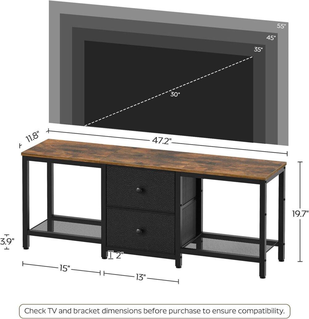 TV Stand for TVs up to 55", Entertainment Center with 2 Fabric Drawer, Media Console with Shelves, Television Stands for Living Room, Bedroom, Rustic Brown and Black DS02BR - Image 8