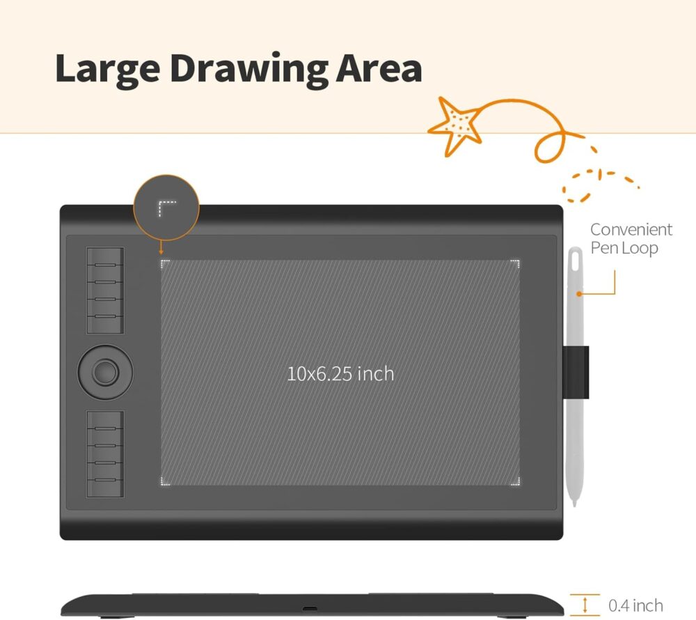 GAOMON M10K Drawing Tablet, 10x6 inch Large Graphics Tablet with Touch Ring, 8192 Levels Battery-Free Stylus, 10 Hot Keys, Art Tablet for Design, Writing, Editing, Work with Mac, Windows, Android - Image 5