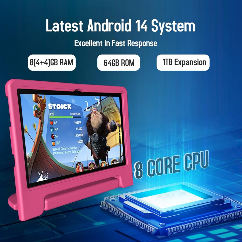 Kids Tablet, 10 inch Android 14 Tablet for Kids, 8GB RAM 64GB ROM Octa-Core Fast-Charging Battery Toddler Tablets with Shockproof Case, Bluetooth, WiFi, Parental Control, Dual Camera, GPS - Image 4