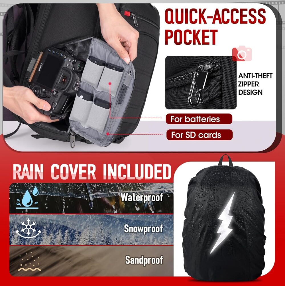 RAINSMORE Camera Backpack Camera Bag for DSLR/SLR Mirrorless 14 Inch Laptop Camera Backpack for Photographers Anti-theft Photography Bag with Rain Cover, Tripod Holder, Black - Image 4