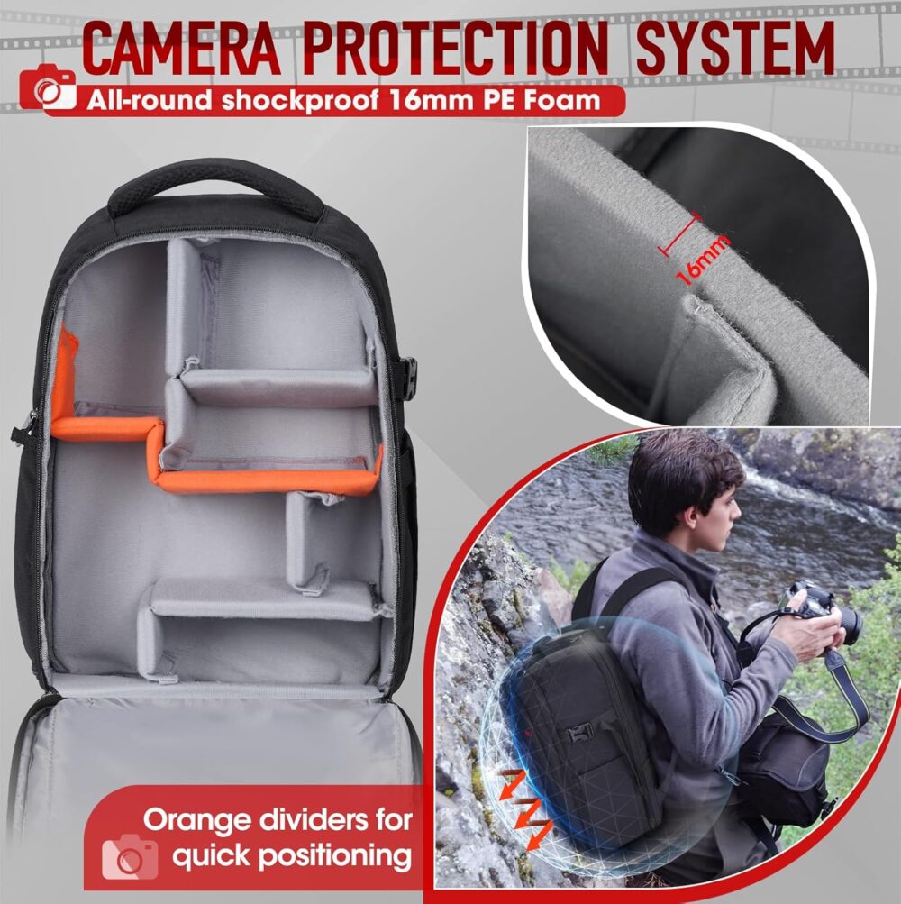 RAINSMORE Camera Backpack Camera Bag for DSLR/SLR Mirrorless 14 Inch Laptop Camera Backpack for Photographers Anti-theft Photography Bag with Rain Cover, Tripod Holder, Black - Image 7
