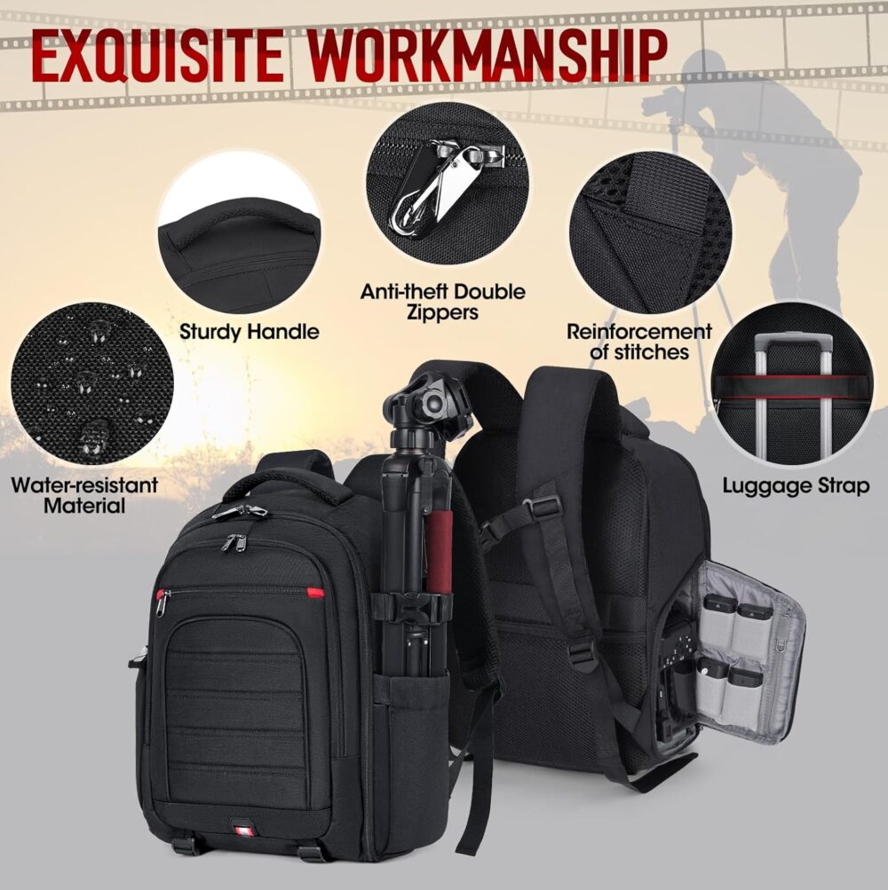 RAINSMORE Camera Backpack Camera Bag for DSLR/SLR Mirrorless 14 Inch Laptop Camera Backpack for Photographers Anti-theft Photography Bag with Rain Cover, Tripod Holder, Black - Image 9