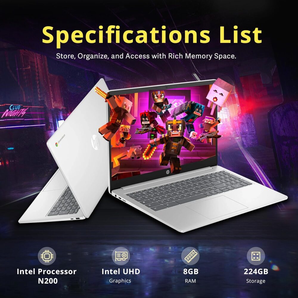 HP 15.6" HD Anti-Glare Chromebook Laptop, Intel Pentium N200, 8GB LPDDR5, 224GB Storage (64GB eMMC+160GB Docking Station Set), Intel UHD Graphics, Num Pad, 720p Camera, Wi-Fi 6, Chrome OS, Silver - Image 4