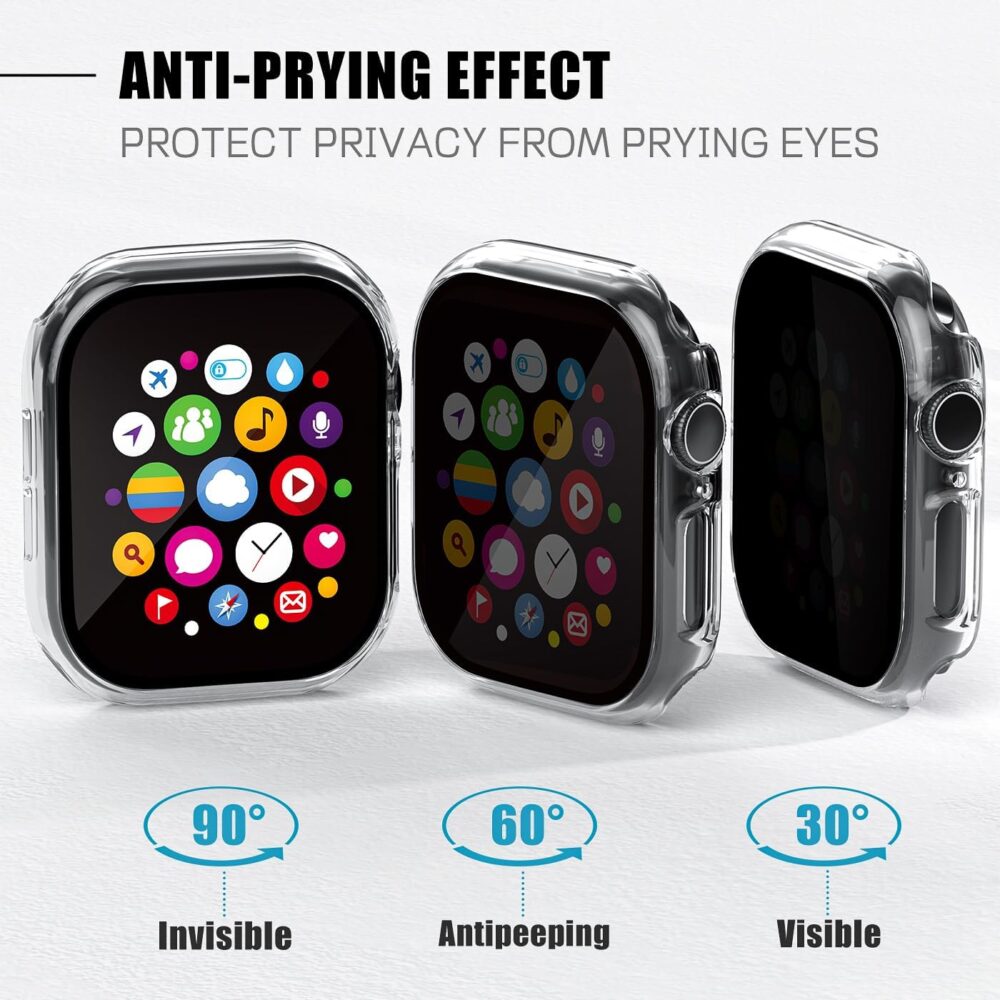 2 Pack Privacy Case for Apple Watch Screen Protector, Anti-Spy Tempered Glass Film Apple Watch Cover Hard PC Case Bumper for iWatch Series 10 - Clear/Clear 46mm - Image 3