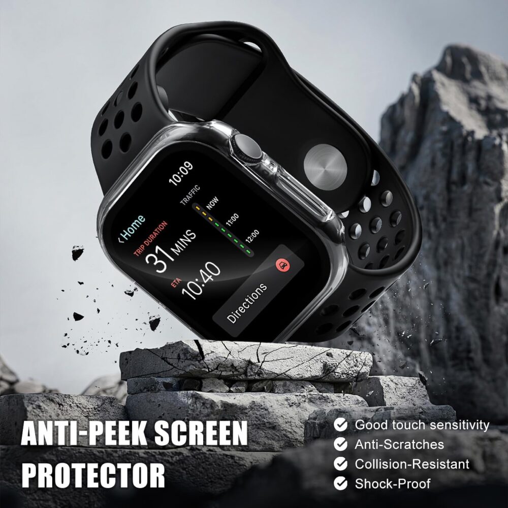 2 Pack Privacy Case for Apple Watch Screen Protector, Anti-Spy Tempered Glass Film Apple Watch Cover Hard PC Case Bumper for iWatch Series 10 - Clear/Clear 46mm - Image 4