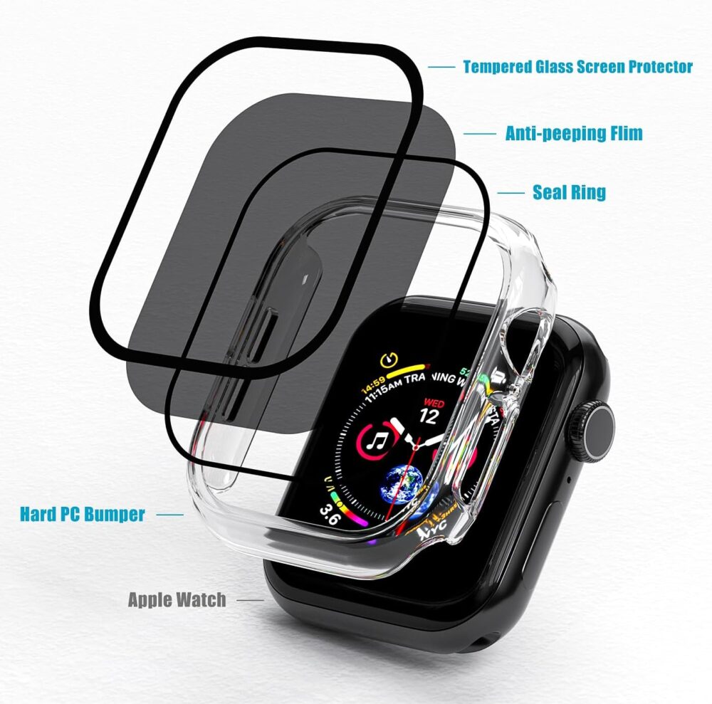 2 Pack Privacy Case for Apple Watch Screen Protector, Anti-Spy Tempered Glass Film Apple Watch Cover Hard PC Case Bumper for iWatch Series 10 - Clear/Clear 46mm - Image 5