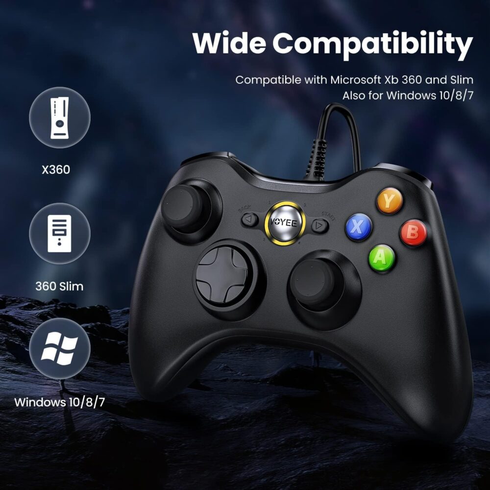 VOYEE PC Controller, Wired Controller Compatible with Microsoft Xbox 360 & Slim/PC Windows 10/8/7, with Upgraded Joystick, Double Shock | Enhanced (Black) - Image 5
