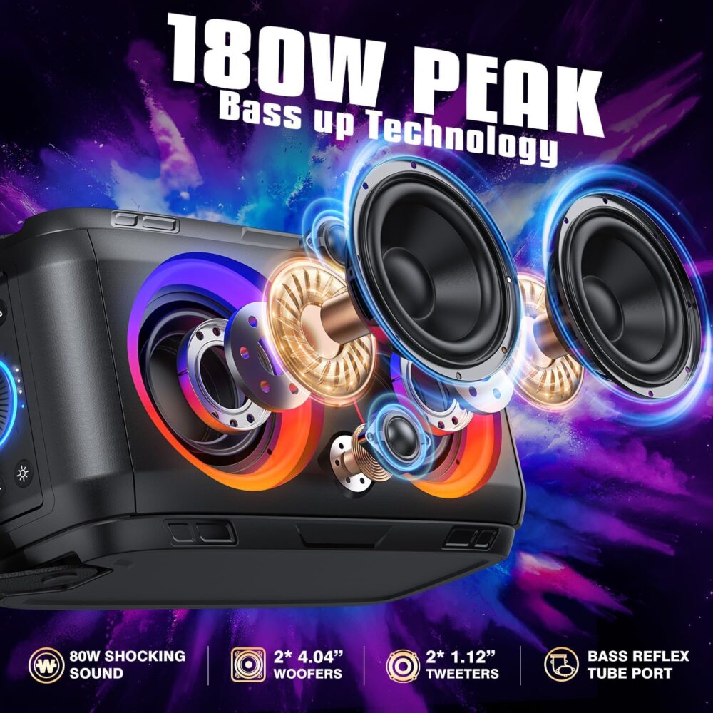 W-KING Party Loudest Portable Bluetooth Speaker Wireless Boom Box, 180W Max Big Large Outdoor Speaker 4 Drivers with 2*4.04'' Subwoofer, 80W HD Huge 105dB Pulse Natur Deep Bass, IPX5/24H/EQ/USB/TF/AUX - Image 3