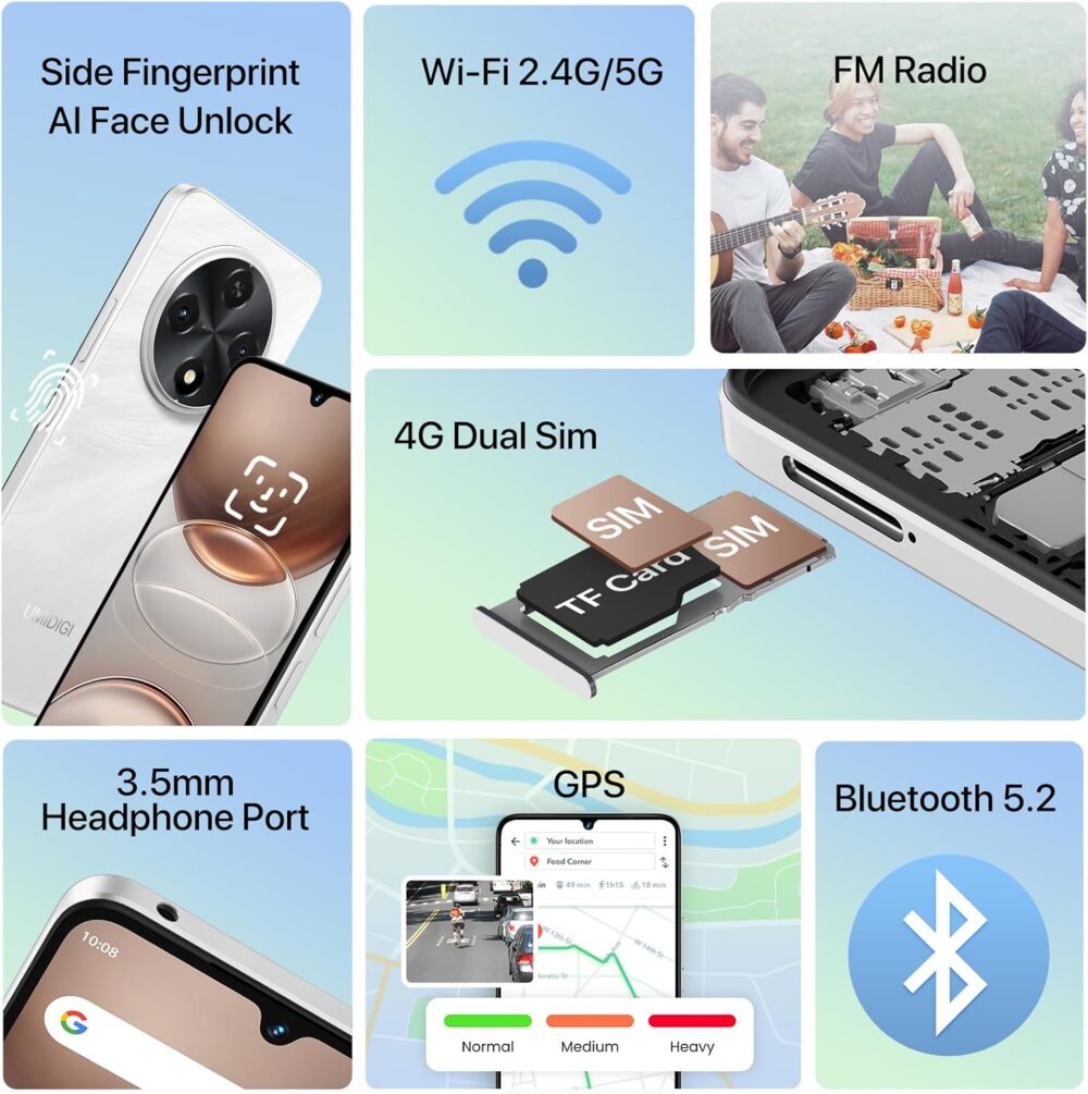 UMIDIGI G100A Unlocked Phone, 6.9" HD+ 120Hz Display, Android 14 Cell Phone, 6000mAh Battery Smartphone, 8(4+4) GB+128GB/1TB TF, UNISOC T615, 13MP Camera, 4G Dual SIM Phone, Face ID/Fingerprint, GPS - Image 5