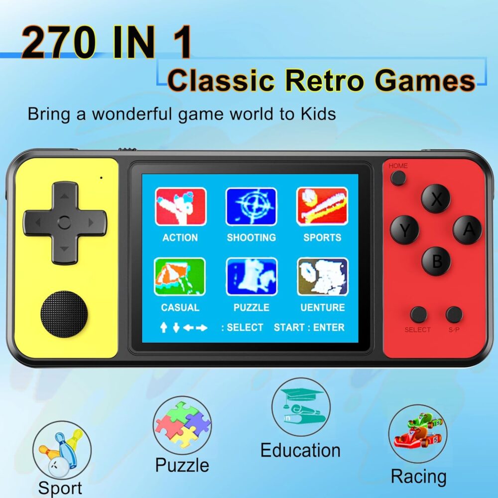 Handheld Game for Kids, 3.0" Large Screen Built in 270 Classic Retro Video Games Seniors Electronic Games Player Boys Girls Birthday Present Black Yellow - Image 3