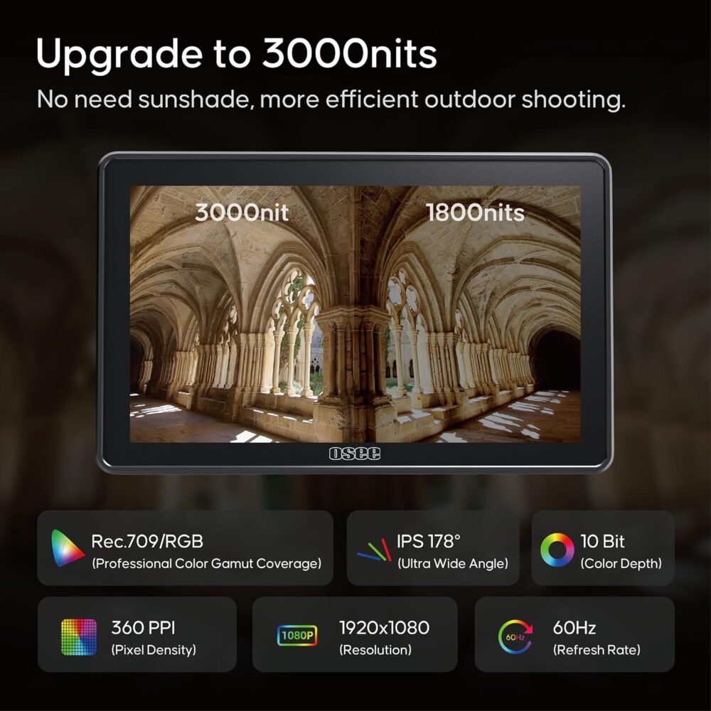 Osee G7 Pro 7 Inch Touchscreen Camera Monitor, 3000Nits HDR Field Monitor with Camera Control, Touch to Focus DSLR Monitor with 3G-SDI 4K HDMI in/Out, 3D-LUT New UI Flexible Power Supply - Image 4