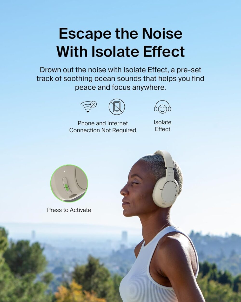 Belkin SoundForm Isolate Bluetooth Over-Ear Headphones - Hybrid Active Noise Cancelling Headphones - Wireless w/ 60H Playtime, Fast Charging & CloudCushion Ear Cups for Travel, Home, or Office - Sand - Image 4