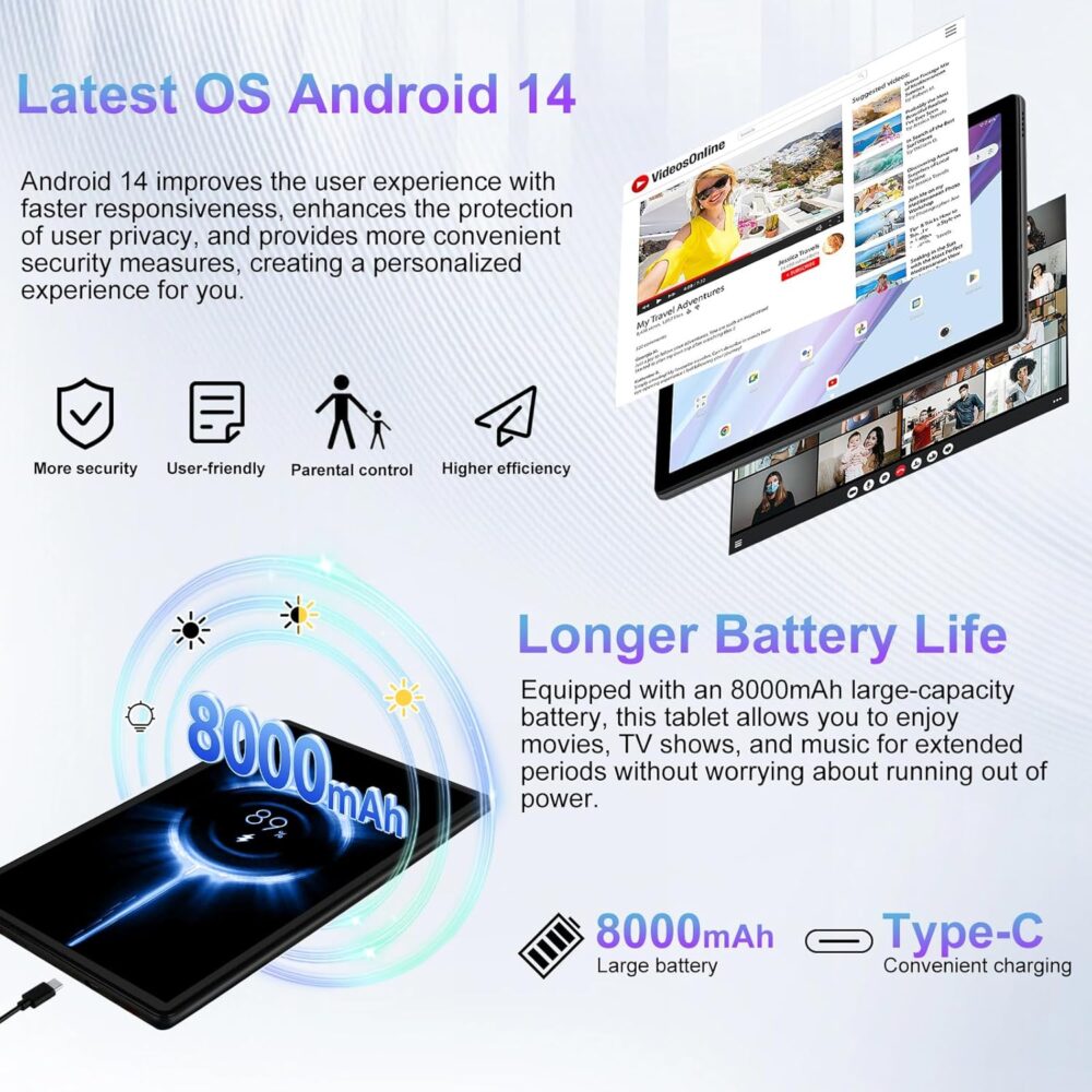 2025 Android 14 Tablet, 10 inch Tablets 22GB+128GB +1TB Expand, 8000mAh Octa-Core Tablet w/ Drop-proof Case, HD IPS Display, GPS, 5G WIFI, Split Screen,Widevine L1, for Adults and Kids -Metal Rose Red - Image 6