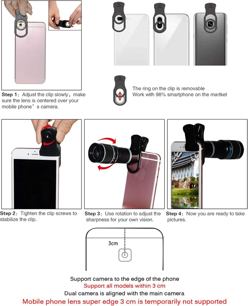 Cell Phone Camera Lens Kit,11 in 1 Universal 20x Telephoto 0.63Wide Angle 15X Macro 198°Fisheye 2X Telephoto Kaleidoscope CPL Starlight Eyemask Tripod,for Most iPhone Smartphone (Black) - Image 3