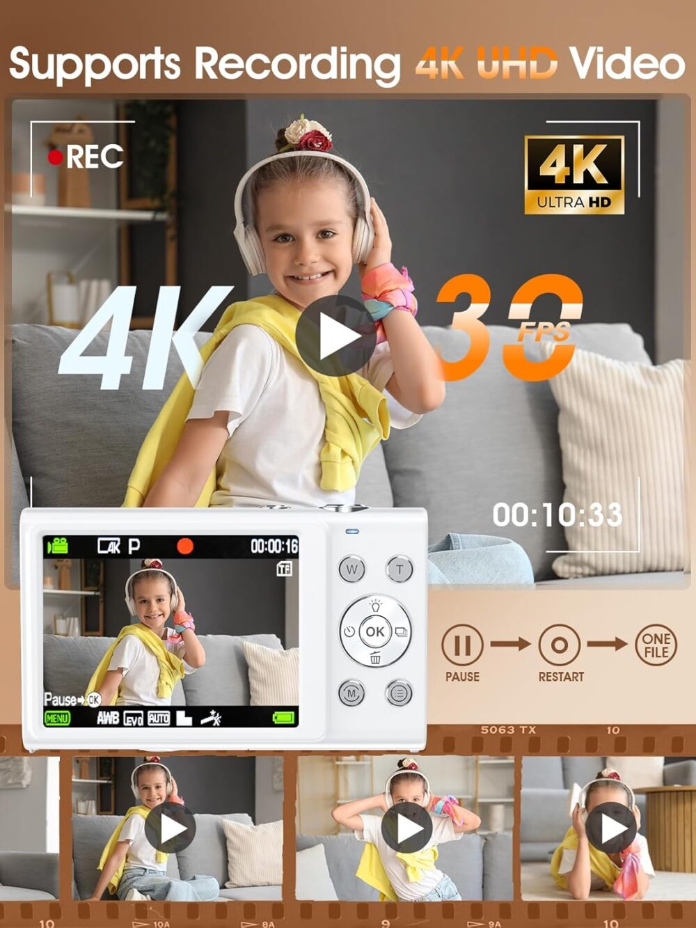 Digital Camera,Autofocus 4K Vlogging Camera for Photography with 32GB Card,48MP Portable Compact Point and Shoot Digital Camera for Teens Adult Beginner with 16X Zoom,Anti-Shake,2 Batteries(White) - Image 4