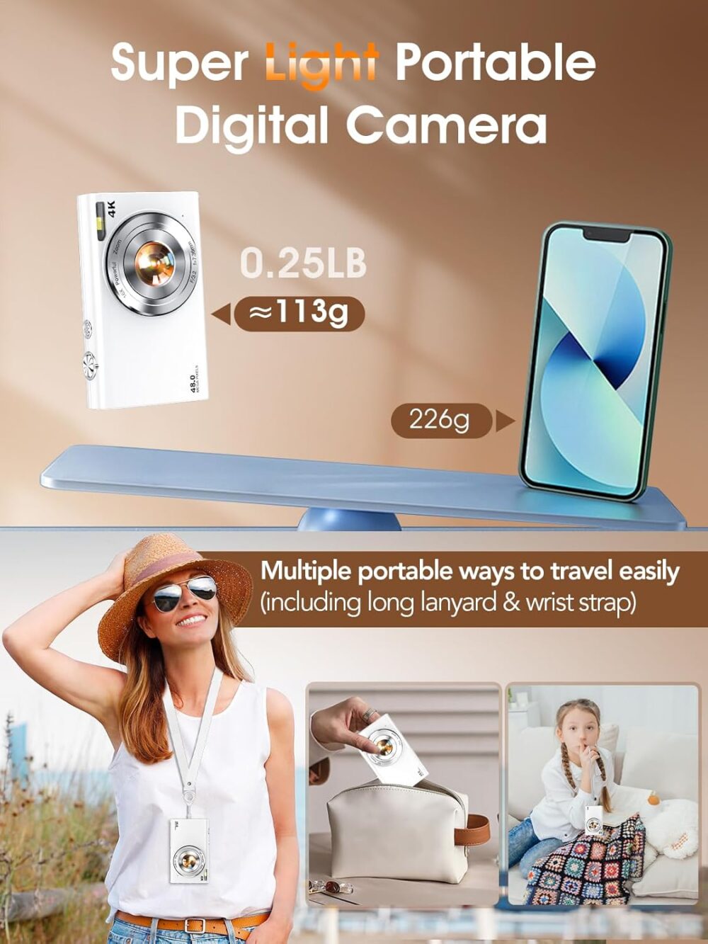 Digital Camera,Autofocus 4K Vlogging Camera for Photography with 32GB Card,48MP Portable Compact Point and Shoot Digital Camera for Teens Adult Beginner with 16X Zoom,Anti-Shake,2 Batteries(White) - Image 6