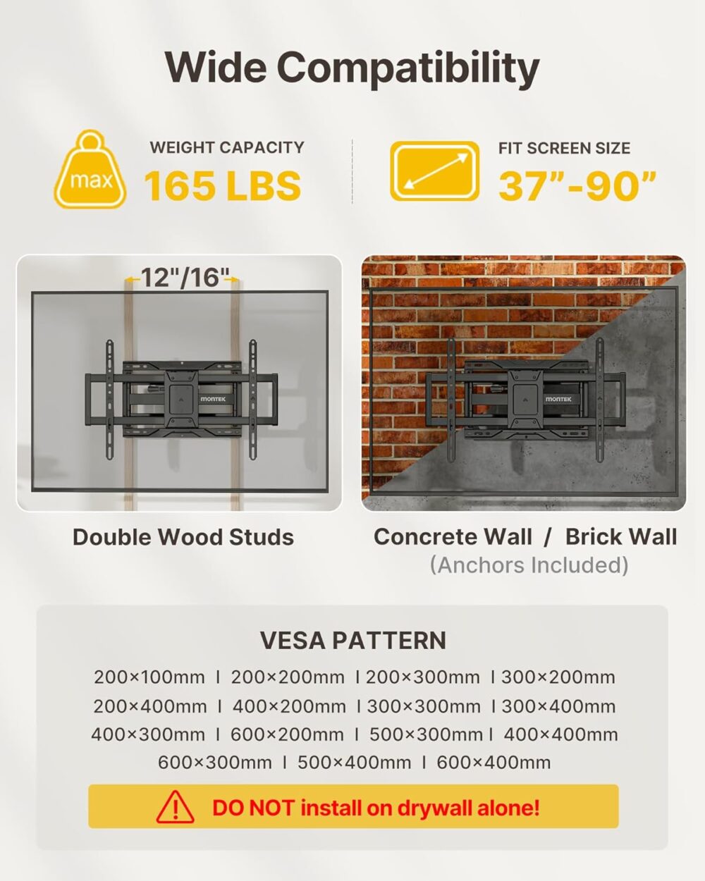 monTEK Heavy Duty TV Wall Mount for 37-90 inch TV up to 165lbs, 4X Load Tested, Full Motion with Dual Articulating Arms, Tool-Free Tilt, Swivel & Extend, VESA 200x100 to 600x400, Fits 12“/16" Studs - Image 3
