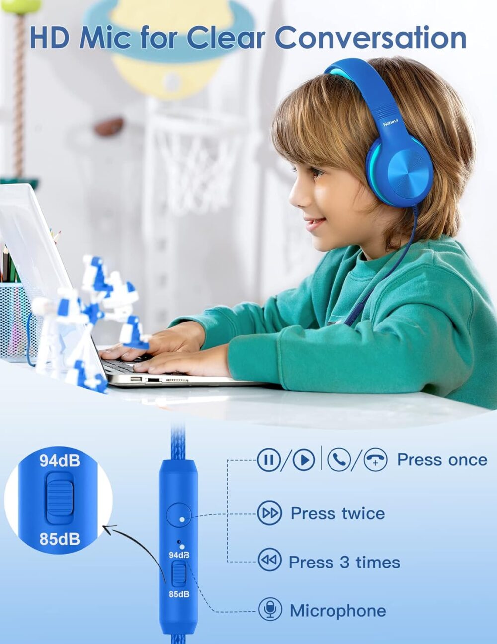 Kids Headphones with Cord, Over-Ear Headphones for Kids with Microphone, 85/94dB Volume Limit, Headset for Kid Boys Girls with Shareport, Wired Toddler Headphone for School/Tablet/iPad/Travel - Image 5
