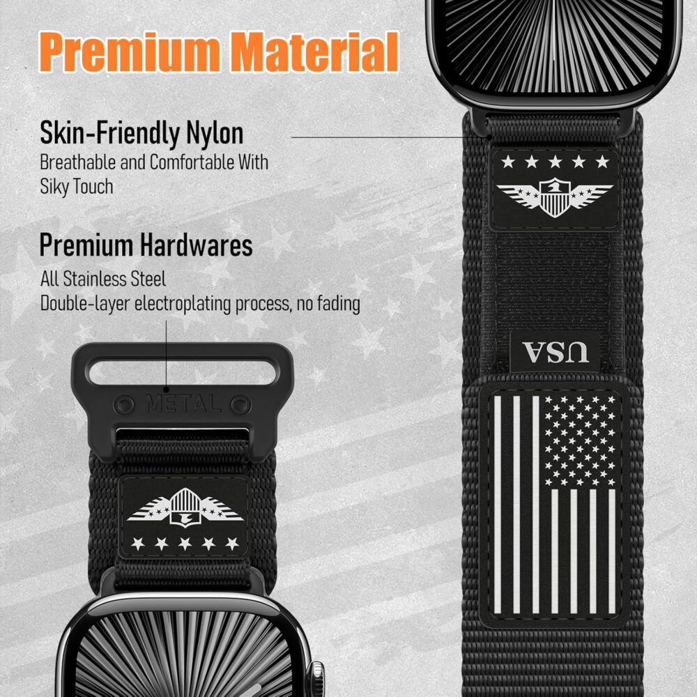 Rugged Nylon for Apple Watch Ultra 2 Band 49mm iWatch Bands 46mm 45mm 44mm 42mm Men,Soft Woven Adjustable Stars-Stripes Flag Wristbands Strap for Apple Watch Ultra Series 10/9/8/7/6/5/4/3/SE/Ultra2 - Image 5