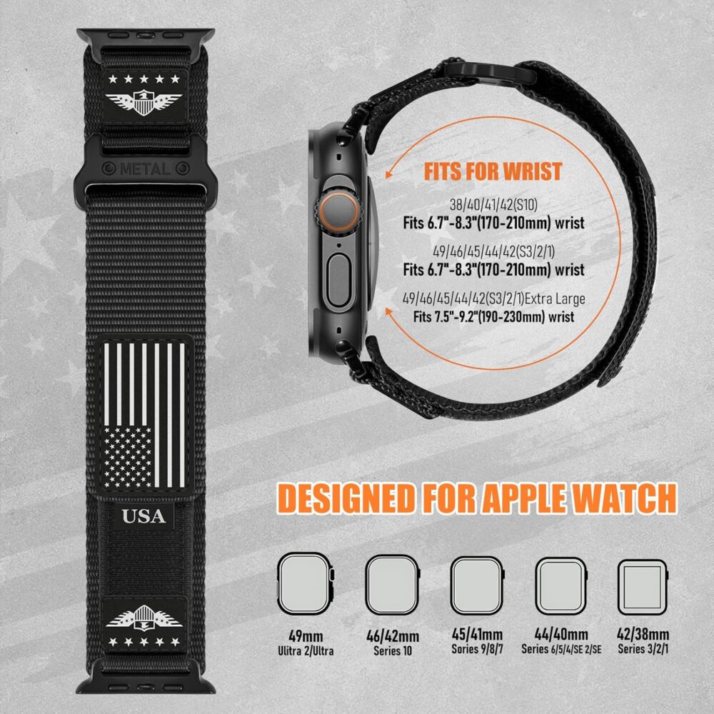 Rugged Nylon for Apple Watch Ultra 2 Band 49mm iWatch Bands 46mm 45mm 44mm 42mm Men,Soft Woven Adjustable Stars-Stripes Flag Wristbands Strap for Apple Watch Ultra Series 10/9/8/7/6/5/4/3/SE/Ultra2 - Image 10