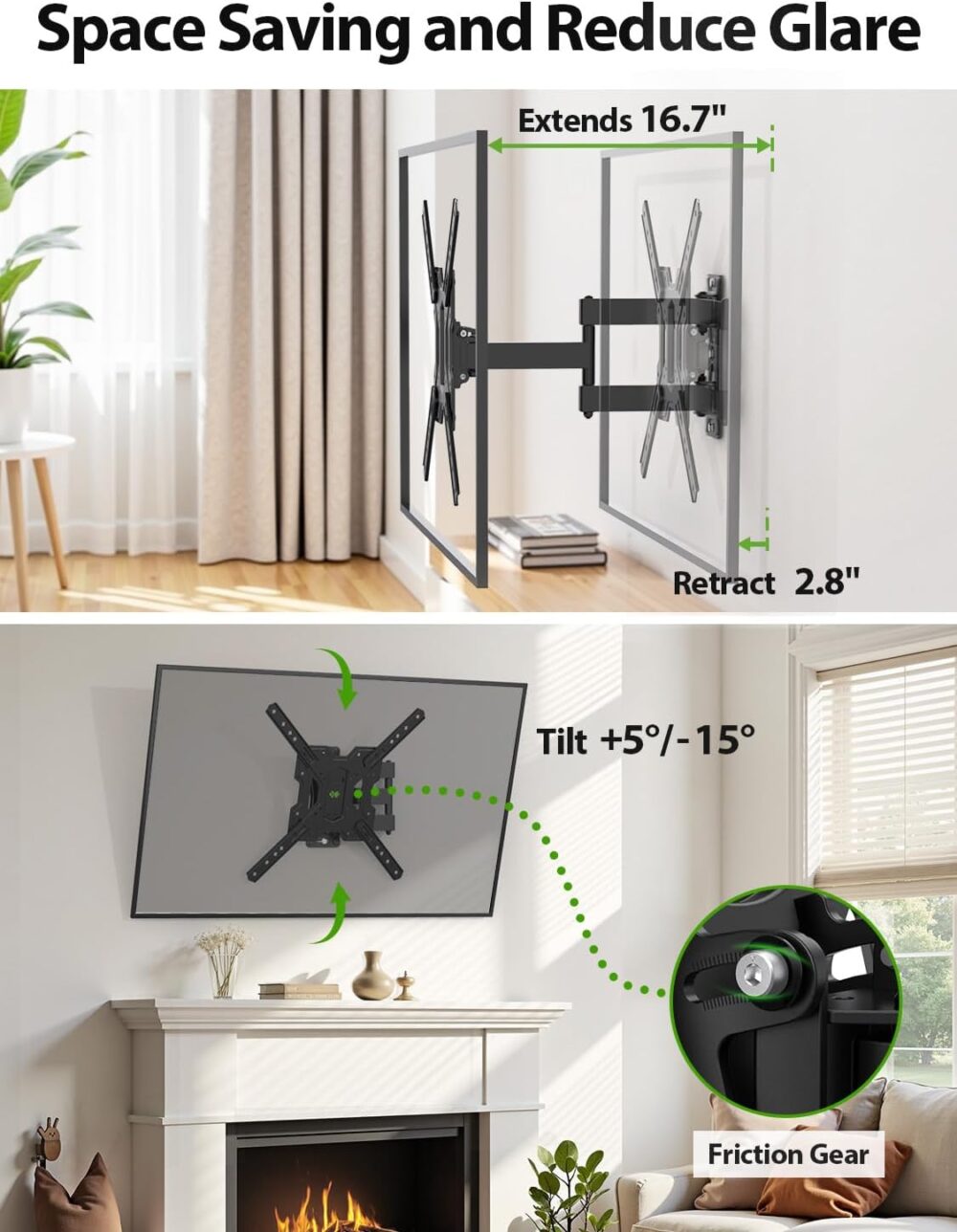 USX MOUNT UL Listed Full Motion TV Mount, Swivel Articulating Tilt TV Wall Mount for 26-55Inch LED, 4K, Wall Mount Bracket with VESA 400x400mm Up to 77lbs, Perfect Center Design -XMM006-1 - Image 3